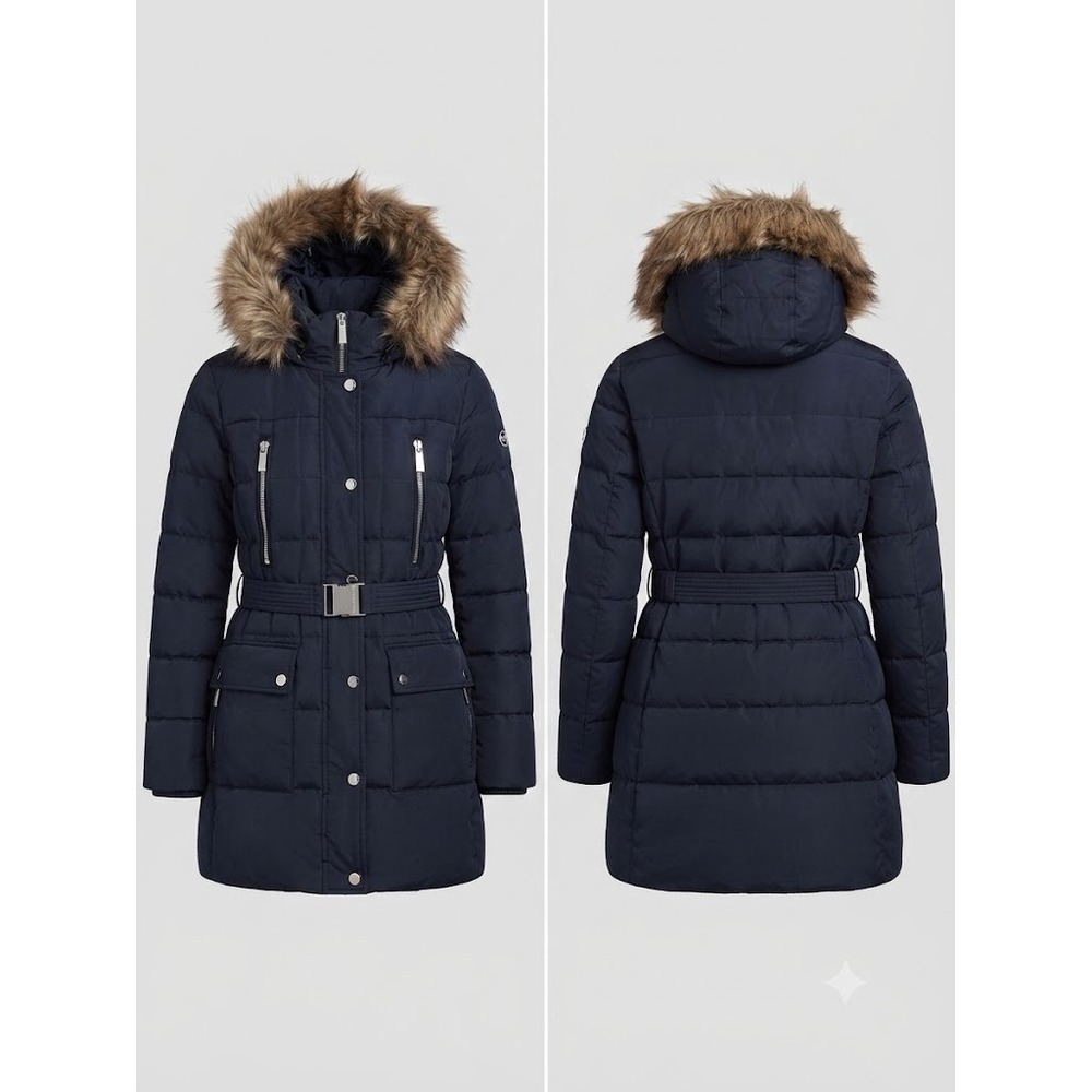Michael Kors Puffer Parka Womens Medium Navy Blue Belted Faux Fur Hood Down Coat